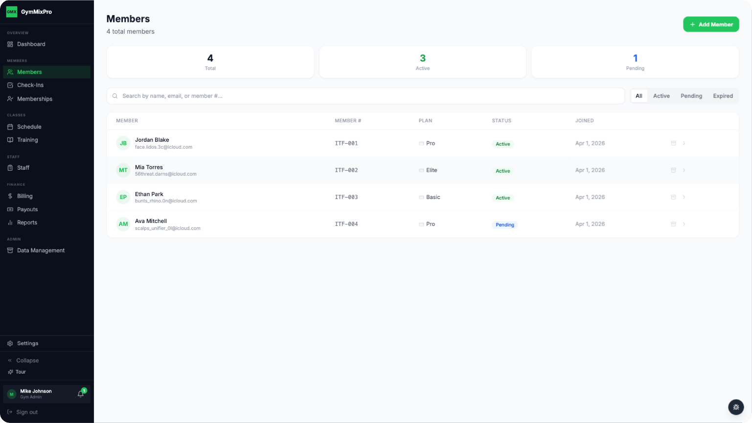 Members list view showing member profiles and status